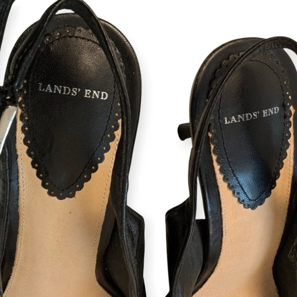 SLINGBACK PUMPS Black Leather Pointed Toe 2” Stacked Heel 8.5 Lands End